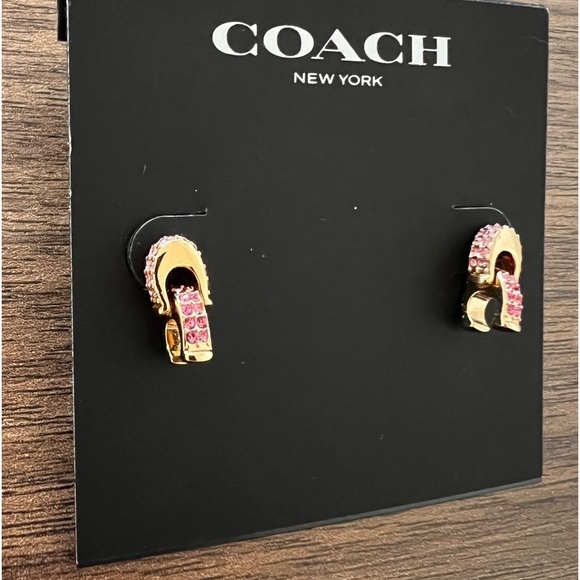 Coach Gold with Pink Crystal Double "C" Earrings NWT - Picture 2 of 5
